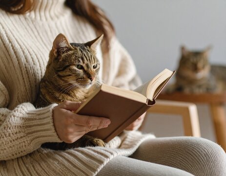 Mujer leyendo libro en sill&oacute;n mientras gato est&aacute; sobre la mesa, luz c&aacute;lida de tarde, ropa casual