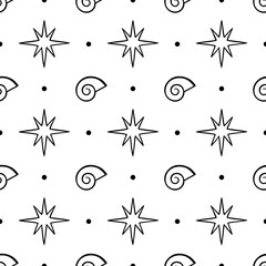 Seamless pattern with outline stars and seashells on a white background. Celestial design for wrapping paper, scrapbook, fabric, or textile. Abstract line drawing for wallpaper.