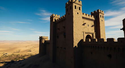 Fototapeta premium Ancient desert fortress stands majestically against a clear blue sky, revealing intricate architecture and history