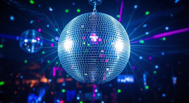 Shining disco ball illuminated with colorful lights for New Year’s Eve  