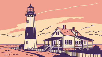 Minimal vector of Tybee Island lighthouse at sunset
