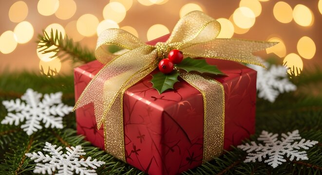 A beautifully wrapped Christmas gift box with a shimmering golden ribbon, resting on a bed of pine branches and snowflakes