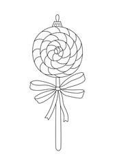 Christmas tree bauble in form of lollipop candy with bow festive decor doodle outline hand drawn vector illustration for winter holidays seasonal greeting card, invitation, sticker, line art clipart