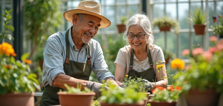 Senior Asian couple smiles gardening with potted plants in sunny greenhouse. Elderly man wears straw hat, woman wears glasses. Enjoy hobby, transplanting flowers, caring for green seedlings together.