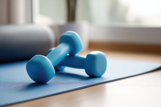 Blue dumbbells resting on textured exercise mat with rolled yoga mat in bright home fitness space, ideal for wellness blogs, fitness app banners, and healthy lifestyle promotions