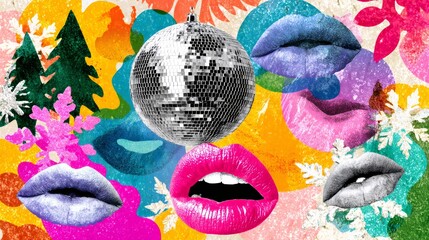 Cheerful collage with a disco ball as an xmas ornament and cartoon snowflakes for retro or vintage christmas and big sales.