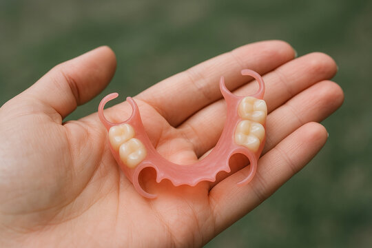 flexible nylon denture on female hand. Removable dentures flexible, devoid of nylon, hypoallergenic exempt from monomer