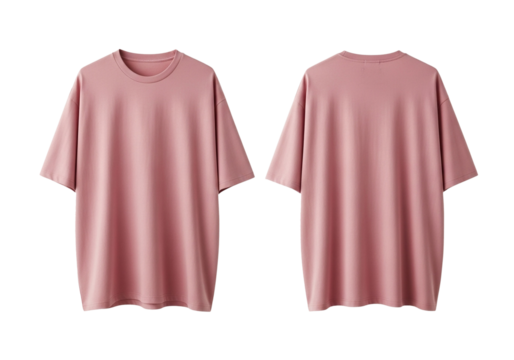 Front and back view of a blank pink oversized t-shirt, perfect for custom design mockups or casual fashion apparel presentation on a white background