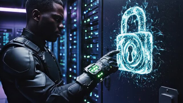 Cybersecurity Expert Securing Server Rack with Digital Lock in Data Center.