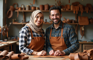 Smiling craftsman, craftswoman in hijab pose confidently in cozy leather workshop. Wear brown aprons, plaid shirts. Artisans work with leather material creating unique handmade products. Small