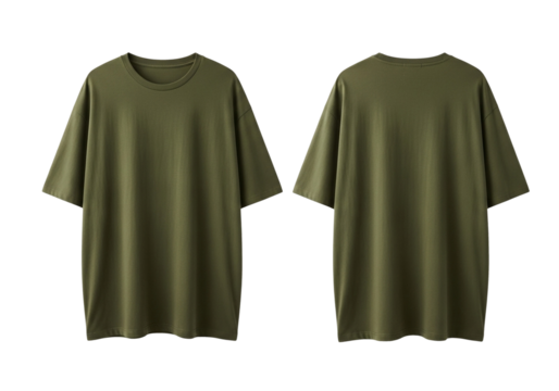 Blank olive green oversized t-shirt mockup showing front and back views, isolated on a white background for apparel design presentation