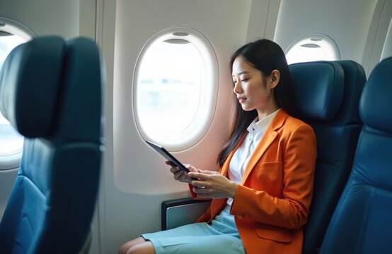 Asian businesswoman works on tablet computer during flight. Female passenger uses digital device in airplane cabin near window. She travels for business or leisure.