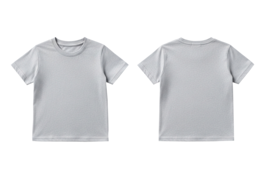 Blank gray t-shirt mockup with front and back views isolated on a white background. Plain short sleeve crewneck tee for design presentation