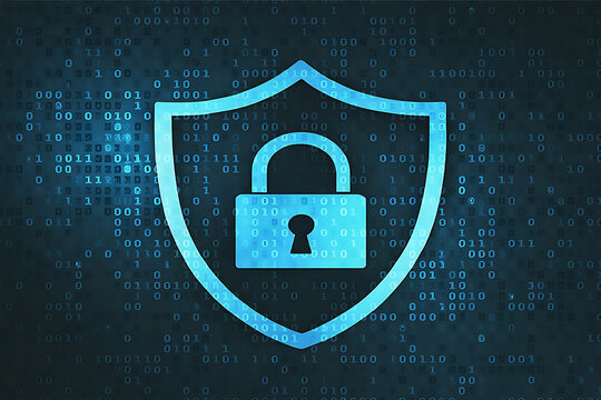 Cybersecurity and data privacy protection concept, lock, binary digits background. digital shield, padlock symbol,technology control, cyber Privacy