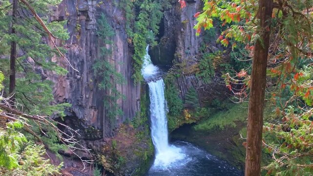 A breathtaking view of Toketee Falls, showcasing its iconic columnar basalt formations and its two dramatic tiers in the lush Oregon forest.