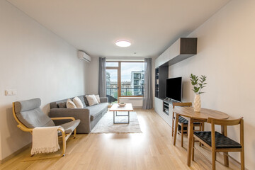 Modern Living Room Interior with Stylish Furniture and Large Window View