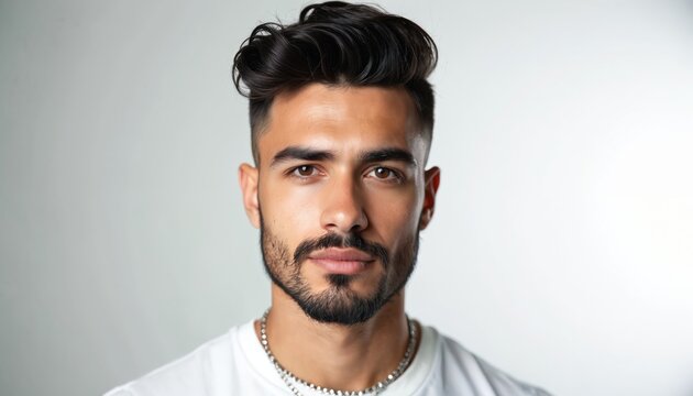 Handsome young man looks at camera. Attractive male model with stylish hair and beard on isolated white background. Confident person with serious expression.