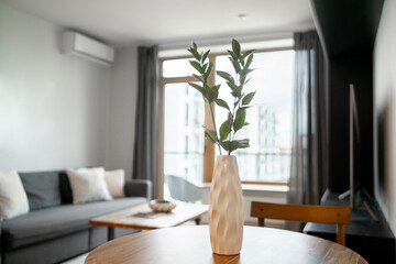 Modern Living Room Interior with Decorative Vase and Greenery Focused