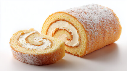 Sponge roll cake slice with cream filling on white