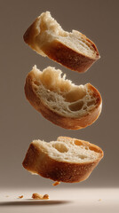 Baguette slices levitating with crumbs on studio background