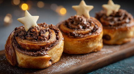 Chocolate cinnamon rolls decorated with star cookie for christmas