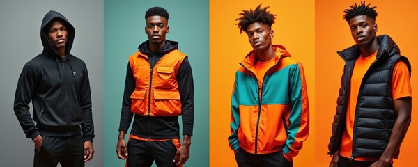Four stylish young men model athletic streetwear. They wear hoodies, vests, and jackets in bold colors. Fashionable casual outfits for urban style and active lifestyle.