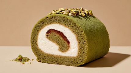 Matcha pistachio roll cake with cream filling
