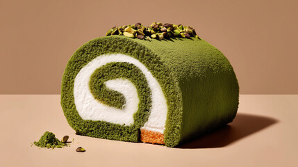 Matcha pistachio roll cake dessert with cream swirl