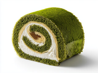 Matcha green tea roll cake dessert on white background