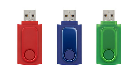 Three Colorful USB Flash Drives on Black Background isolated on a transparent background