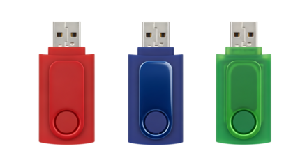 Three Colorful USB Flash Drives on Black Background isolated on a transparent background