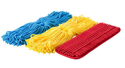 Three Colorful Microfiber Mop Heads on Black Background isolated on a transparent background