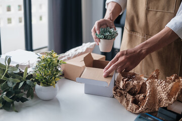 A startup entrepreneur prepares eco-friendly parcel using cardboard box for online customer