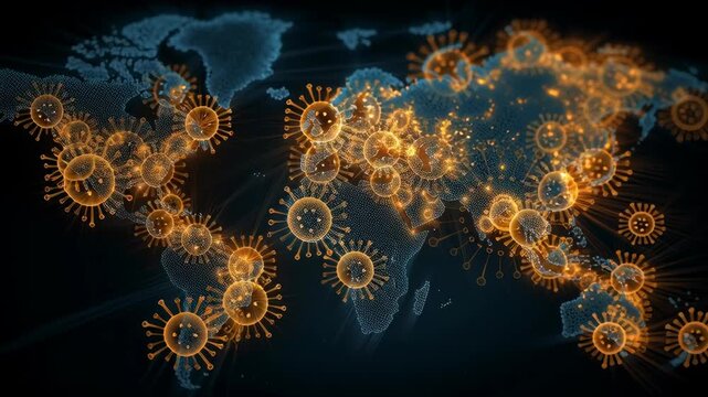 Digital world map glowing with bright virus-like particles symbolizing global pandemic spread, data visualization, and international health crisis awareness