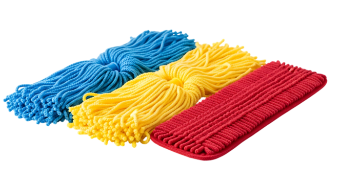 Three Colorful Microfiber Mop Heads on Black Background isolated on a transparent background