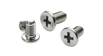 Three silver Phillips head screws isolated on a transparent background