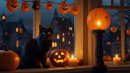 A cozy Halloween night indoors with pumpkin balloon decorations, candles, and a black cat watching from the windowsill.