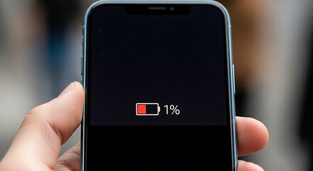 A person holds a mobile device with a critically low battery indicator on the dark screen, showing a red icon with only one percent of power left