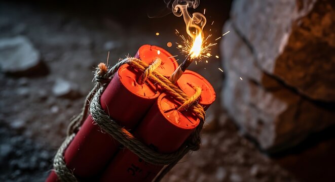 Close-up of a lit dynamite bomb with a burning fuse creating sparks, symbolizing imminent danger and an explosive situation