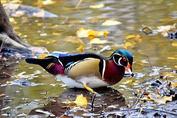 A Carolina Wood duck is floating on water during fall in Laval, Quebec, Canada