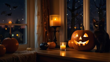 A cozy Halloween night indoors with pumpkin balloon decorations, candles, and a black cat watching from the windowsill.