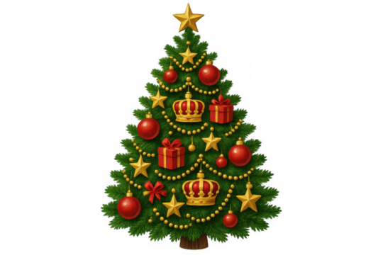 Christmas tree decorated with opulent golden crowns, gift boxes, red baubles, and sparkling stars, creating a regal holiday illustration