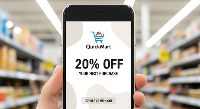 Person using a mobile app for a grocery store discount, holding a smartphone displaying a twenty percent off digital coupon in a retail environment