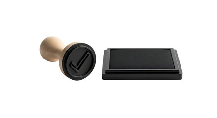 Wooden Stamp and Ink Pad with Check Mark rubber stamp isolated on a transparent background