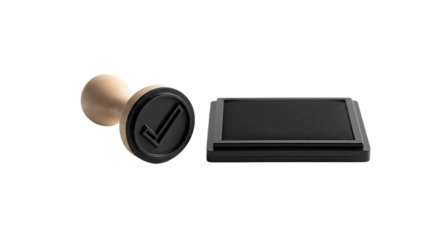 Wooden Stamp and Ink Pad with Check Mark rubber stamp isolated on a transparent background