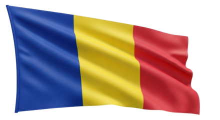 Romanian national flag dramatically waving in the wind with a detailed fabric texture and transparent PNG background (रोमानिया झंडा)