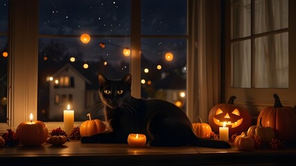 A cozy Halloween night indoors with pumpkin balloon decorations, candles, and a black cat watching from the windowsill.