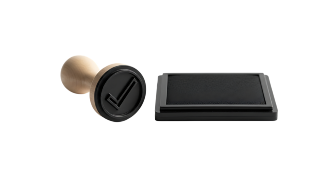 Wooden Stamp and Ink Pad with Check Mark rubber stamp isolated on a transparent background