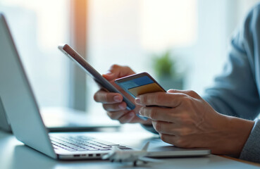 Person pays for airline tickets online using credit card on phone and laptop. Traveler plans world trip via travel agency website. Booking flights for vacation.