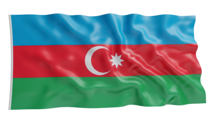 Waving national flag of the Republic of Azerbaijan with crescent and star, isolated realistic cloth texture transparent PNG 4K (अज़रबैजान झंडा)